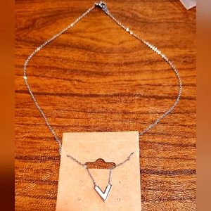 New! Letter V Stainless Steel & Mother of Pearl Necklace 16"
